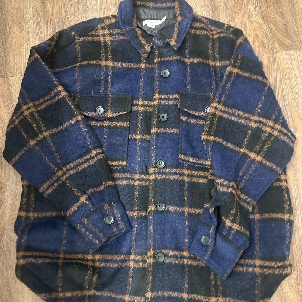 Good American Blue and Black Flannel Shirt Jacket